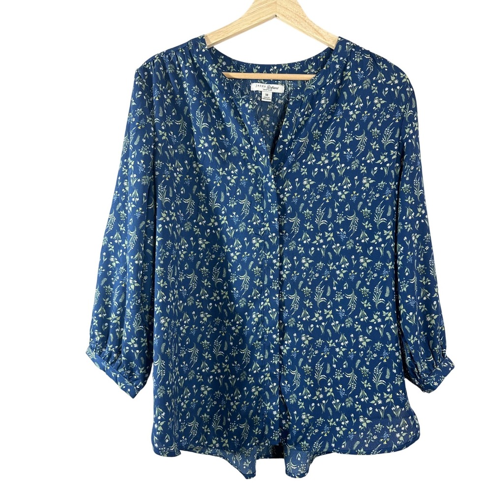 Jachs‎ Girlfriend Womens Blue Floral Split V-Neck 3/4 Sleeve Blouse Size M